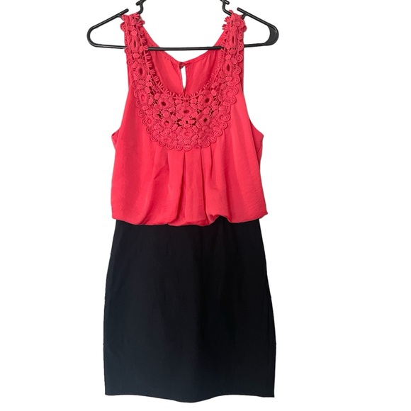 B. Darlin Dress, Coral/Pink and Black with a crocheted lace pattern. - Picture 1 of 7